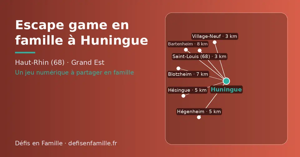 Carte schématique : Huningue et les communes voisines présentées sur ce site (Village-Neuf, Saint-Louis (68), Hégenheim, Hésingue, Blotzheim, Bartenheim)