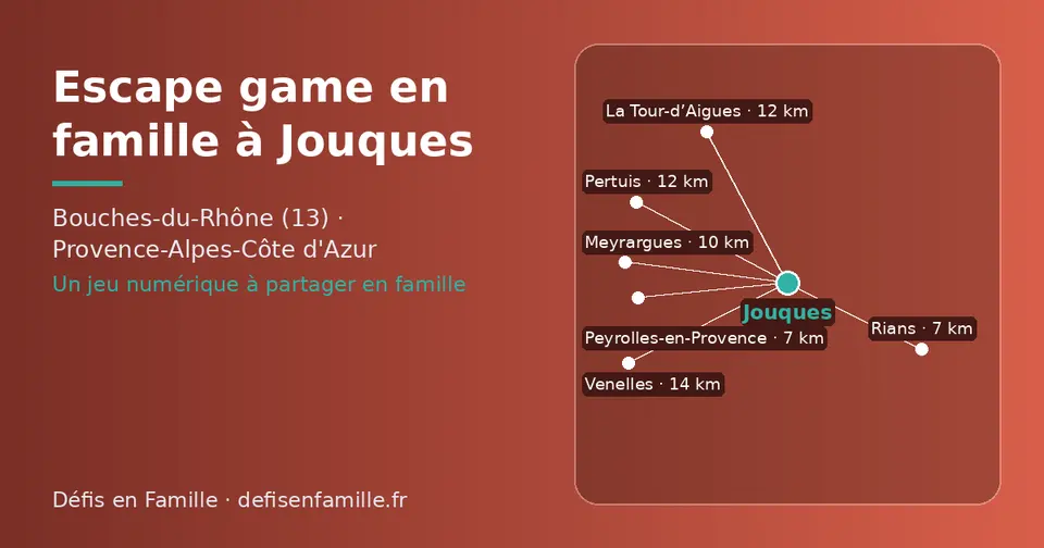Carte schématique : Jouques et les communes voisines présentées sur ce site (Rians, Peyrolles-en-Provence, Meyrargues, La Tour-d’Aigues, Pertuis, Venelles)