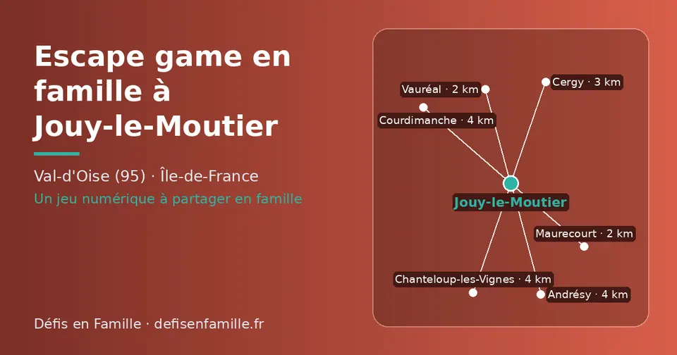Carte schématique : Jouy-le-Moutier et les communes voisines présentées sur ce site (Maurecourt, Vauréal, Cergy, Chanteloup-les-Vignes, Andrésy, Courdimanche)