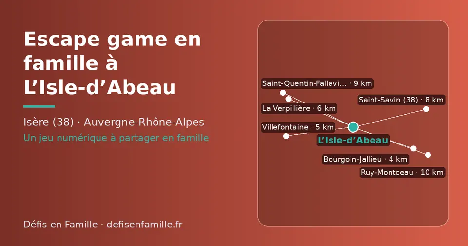Carte schématique : L’Isle-d’Abeau et les communes voisines présentées sur ce site (Bourgoin-Jallieu, Villefontaine, La Verpillière, Saint-Savin (38), Saint-Quentin-Fallavier, Ruy-Montceau)