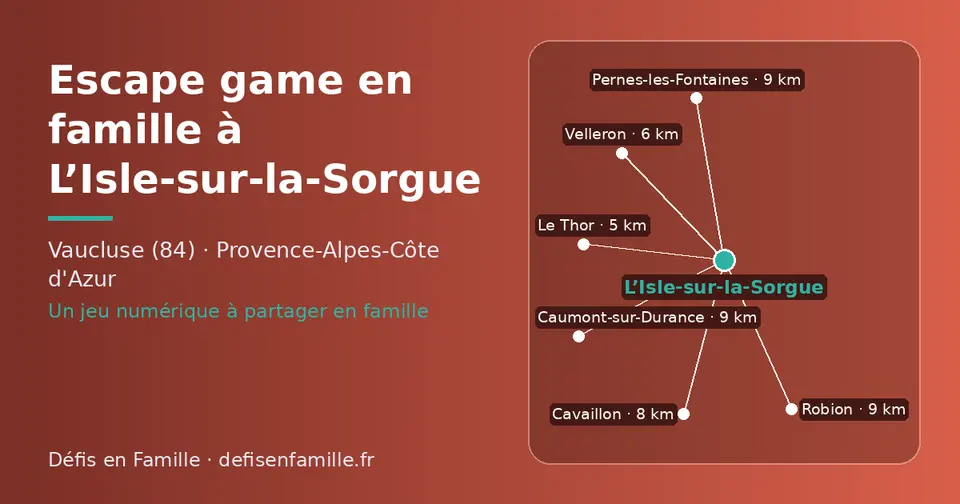 Carte schématique : L’Isle-sur-la-Sorgue et les communes voisines présentées sur ce site (Le Thor, Velleron, Cavaillon, Pernes-les-Fontaines, Robion, Caumont-sur-Durance)