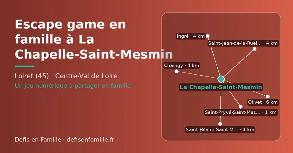 Carte schématique : La Chapelle-Saint-Mesmin et les communes voisines présentées sur ce site (Saint-Pryvé-Saint-Mesmin, Saint-Jean-de-la-Ruelle, Saint-Hilaire-Saint-Mesmin, Ingré, Chaingy, Olivet)
