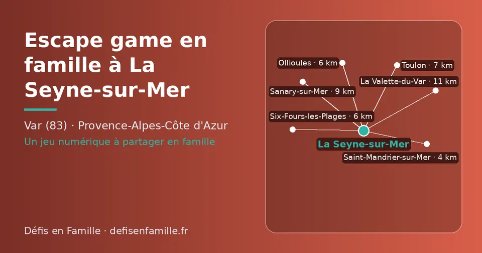 Carte schématique : La Seyne-sur-Mer et les communes voisines présentées sur ce site (Saint-Mandrier-sur-Mer, Six-Fours-les-Plages, Ollioules, Toulon, Sanary-sur-Mer, La Valette-du-Var)