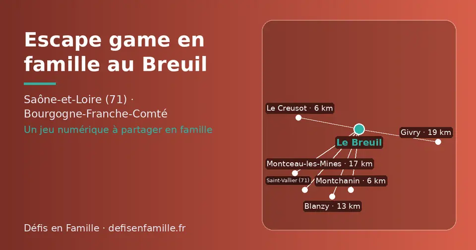 Carte schématique : Le Breuil et les communes voisines présentées sur ce site (Le Creusot, Montchanin, Blanzy, Montceau-les-Mines, Givry, Saint-Vallier (71))