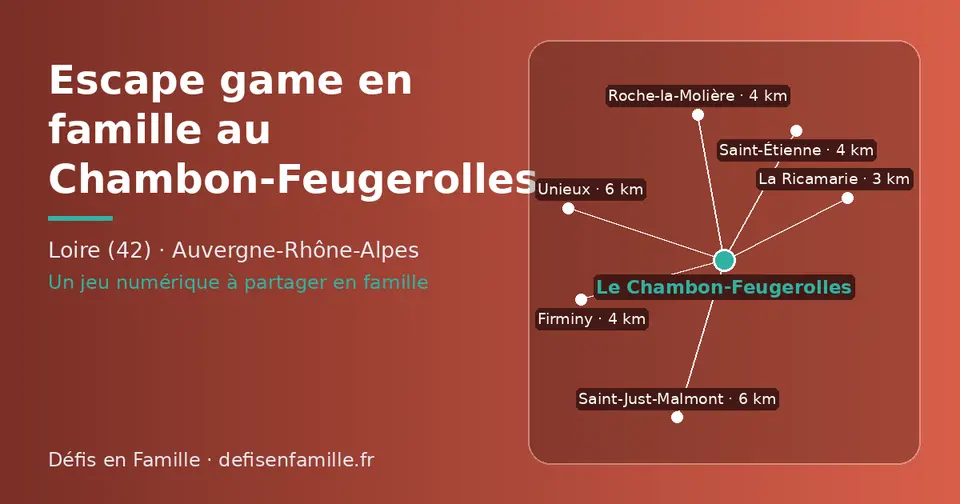 Carte schématique : Le Chambon-Feugerolles et les communes voisines présentées sur ce site (La Ricamarie, Firminy, Roche-la-Molière, Saint-Étienne, Saint-Just-Malmont, Unieux)