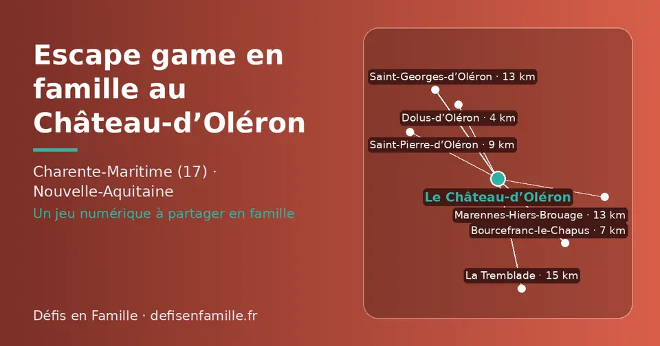 Carte schématique : Le Château-d’Oléron et les communes voisines présentées sur ce site (Dolus-d’Oléron, Bourcefranc-le-Chapus, Saint-Pierre-d’Oléron, Marennes-Hiers-Brouage, Saint-Georges-d’Oléron, La Tremblade)