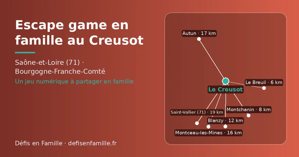 Carte schématique : Le Creusot et les communes voisines présentées sur ce site (Le Breuil, Montchanin, Blanzy, Montceau-les-Mines, Autun, Saint-Vallier (71))