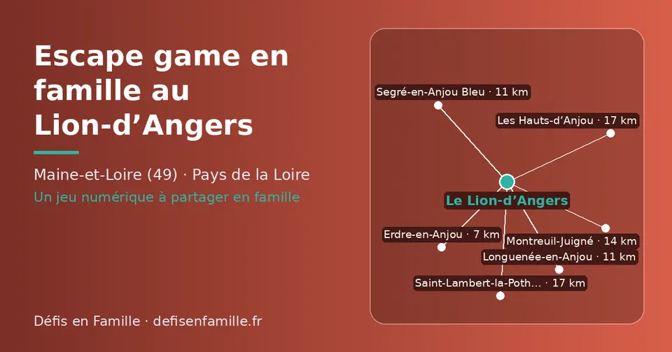 Carte schématique : Le Lion-d’Angers et les communes voisines présentées sur ce site (Erdre-en-Anjou, Longuenée-en-Anjou, Segré-en-Anjou Bleu, Montreuil-Juigné, Les Hauts-d’Anjou, Saint-Lambert-la-Potherie)