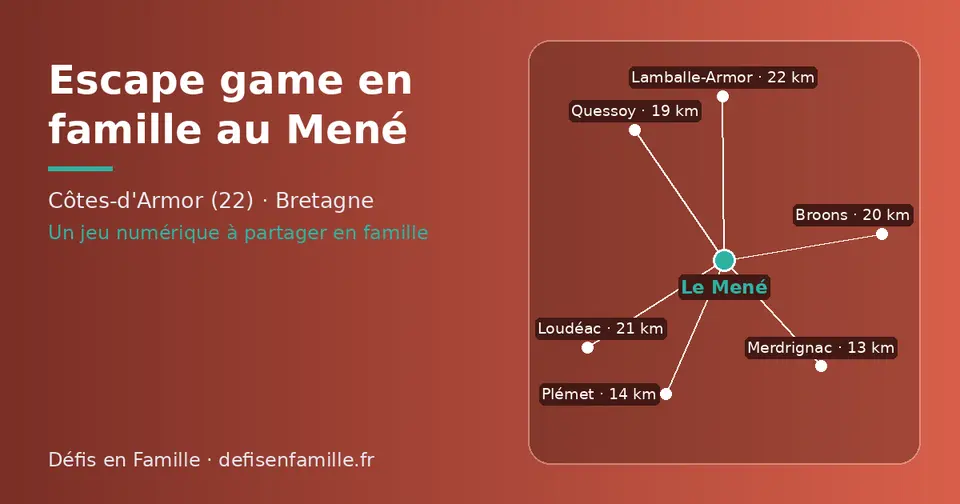 Carte schématique : Le Mené et les communes voisines présentées sur ce site (Merdrignac, Plémet, Quessoy, Broons, Loudéac, Lamballe-Armor)