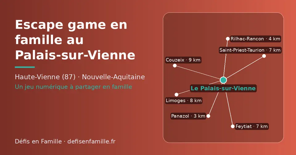 Carte schématique : Le Palais-sur-Vienne et les communes voisines présentées sur ce site (Panazol, Rilhac-Rancon, Saint-Priest-Taurion, Feytiat, Limoges, Couzeix)