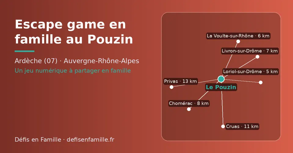 Carte schématique : Le Pouzin et les communes voisines présentées sur ce site (Loriol-sur-Drôme, La Voulte-sur-Rhône, Livron-sur-Drôme, Chomérac, Cruas, Privas)