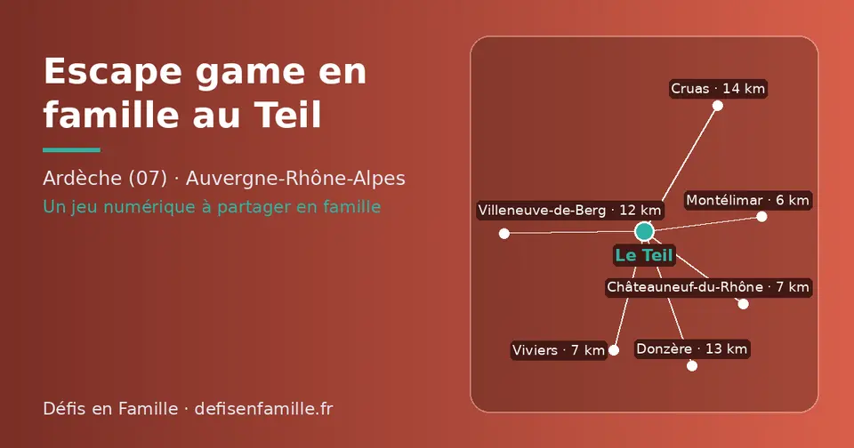 Carte schématique : Le Teil et les communes voisines présentées sur ce site (Montélimar, Châteauneuf-du-Rhône, Viviers, Villeneuve-de-Berg, Donzère, Cruas)