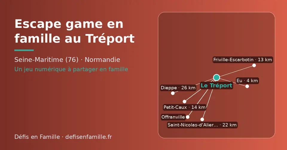 Carte schématique : Le Tréport et les communes voisines présentées sur ce site (Eu, Friville-Escarbotin, Petit-Caux, Saint-Nicolas-d’Aliermont, Dieppe, Offranville)