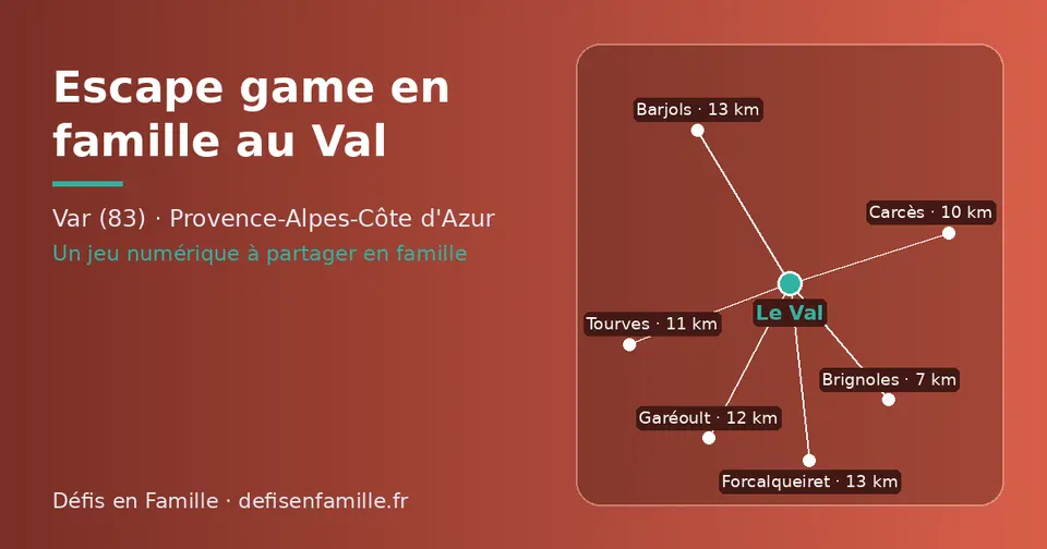 Carte schématique : Le Val et les communes voisines présentées sur ce site (Brignoles, Carcès, Tourves, Garéoult, Forcalqueiret, Barjols)