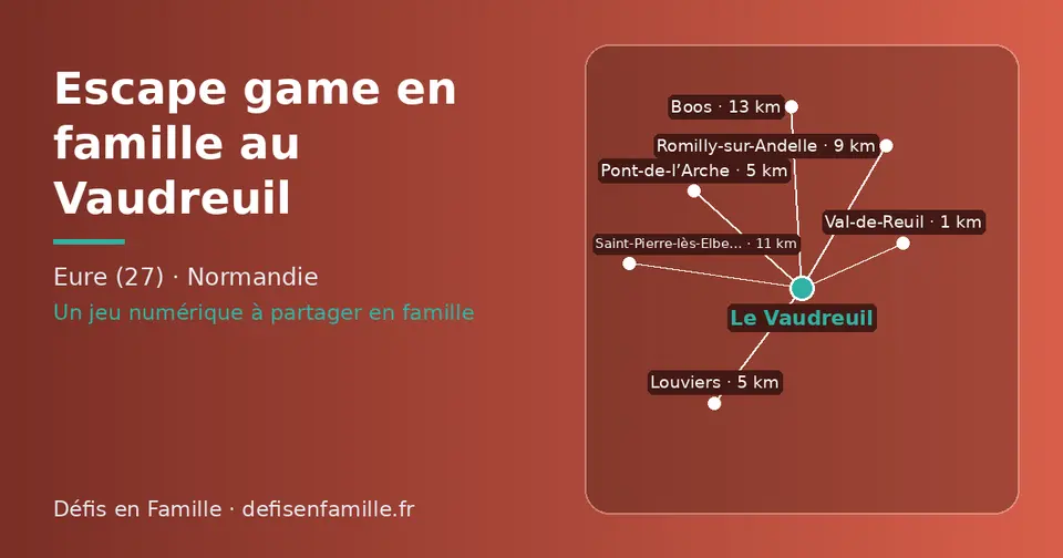 Carte schématique : Le Vaudreuil et les communes voisines présentées sur ce site (Val-de-Reuil, Pont-de-l’Arche, Louviers, Romilly-sur-Andelle, Saint-Pierre-lès-Elbeuf, Boos)