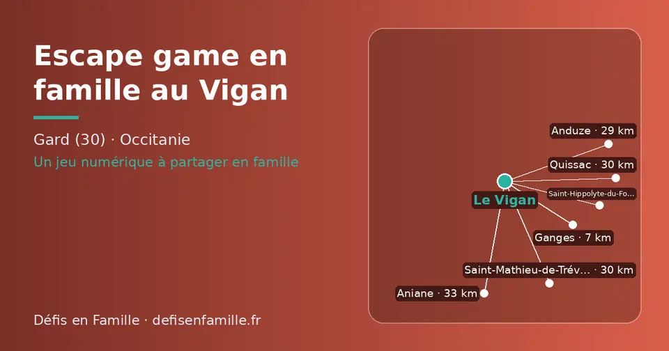 Carte schématique : Le Vigan et les communes voisines présentées sur ce site (Ganges, Saint-Hippolyte-du-Fort, Anduze, Quissac, Saint-Mathieu-de-Tréviers, Aniane)