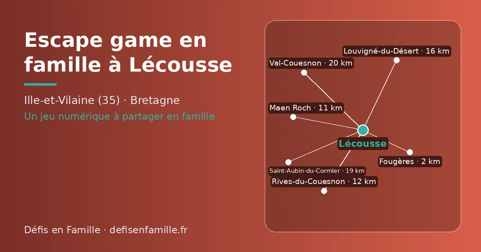 Carte schématique : Lécousse et les communes voisines présentées sur ce site (Fougères, Maen Roch, Rives-du-Couesnon, Louvigné-du-Désert, Saint-Aubin-du-Cormier, Val-Couesnon)