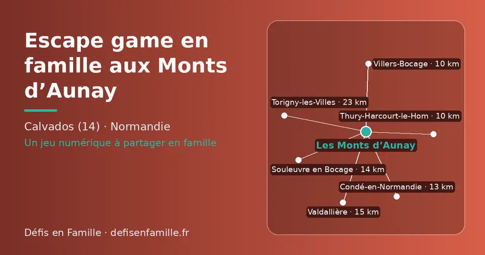 Carte schématique : Les Monts d’Aunay et les communes voisines présentées sur ce site (Thury-Harcourt-le-Hom, Villers-Bocage, Condé-en-Normandie, Souleuvre en Bocage, Valdallière, Torigny-les-Villes)