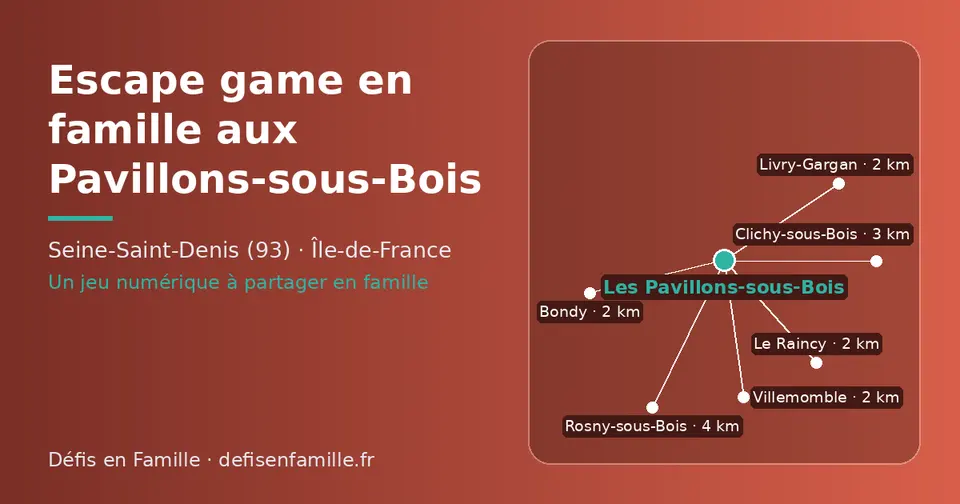 Carte schématique : Les Pavillons-sous-Bois et les communes voisines présentées sur ce site (Bondy, Le Raincy, Villemomble, Livry-Gargan, Clichy-sous-Bois, Rosny-sous-Bois)