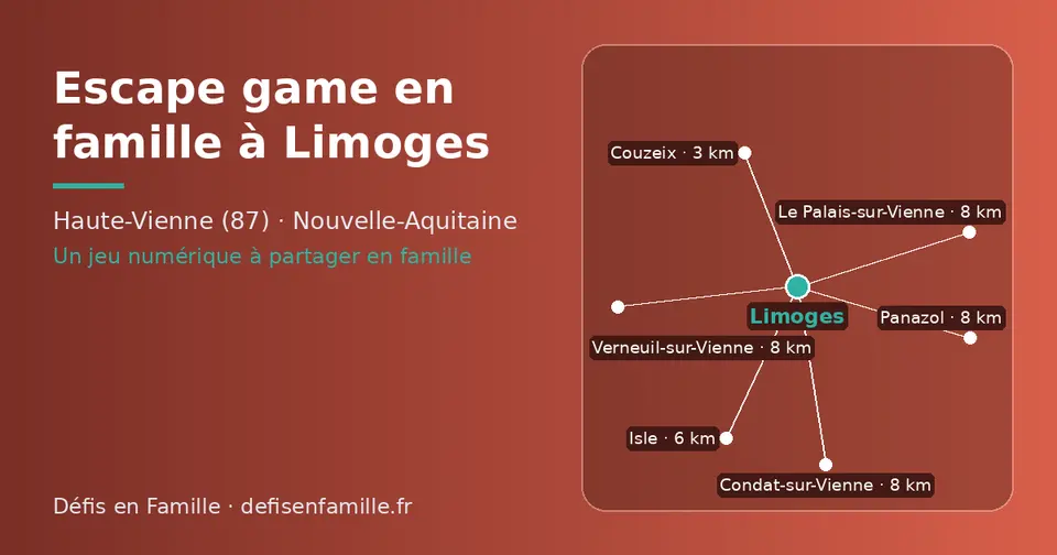 Carte schématique : Limoges et les communes voisines présentées sur ce site (Couzeix, Isle, Panazol, Condat-sur-Vienne, Le Palais-sur-Vienne, Verneuil-sur-Vienne)