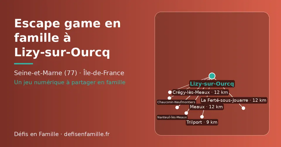 Carte schématique : Lizy-sur-Ourcq et les communes voisines présentées sur ce site (Trilport, Meaux, La Ferté-sous-Jouarre, Crégy-lès-Meaux, Nanteuil-lès-Meaux, Chauconin-Neufmontiers)