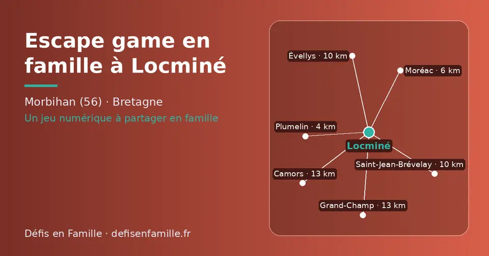 Carte schématique : Locminé et les communes voisines présentées sur ce site (Plumelin, Moréac, Saint-Jean-Brévelay, Évellys, Grand-Champ, Camors)