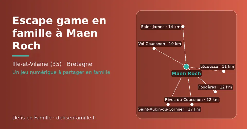 Carte schématique : Maen Roch et les communes voisines présentées sur ce site (Val-Couesnon, Lécousse, Rives-du-Couesnon, Fougères, Saint-James, Saint-Aubin-du-Cormier)