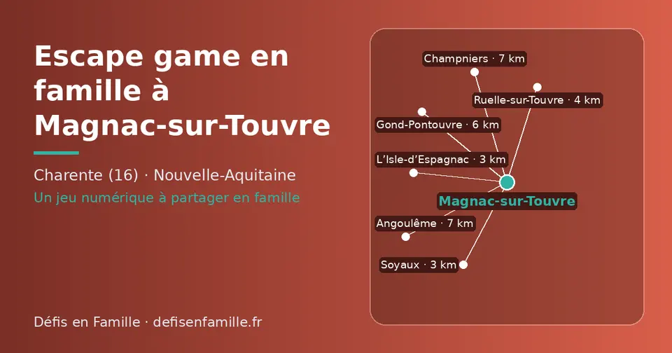 Carte schématique : Magnac-sur-Touvre et les communes voisines présentées sur ce site (L’Isle-d’Espagnac, Soyaux, Ruelle-sur-Touvre, Gond-Pontouvre, Champniers, Angoulême)