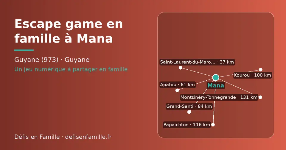 Carte schématique : Mana et les communes voisines présentées sur ce site (Saint-Laurent-du-Maroni, Apatou, Grand-Santi, Kourou, Papaichton, Montsinéry-Tonnegrande)