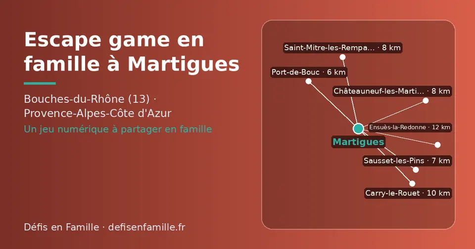 Carte schématique : Martigues et les communes voisines présentées sur ce site (Port-de-Bouc, Sausset-les-Pins, Châteauneuf-les-Martigues, Saint-Mitre-les-Remparts, Carry-le-Rouet, Ensuès-la-Redonne)