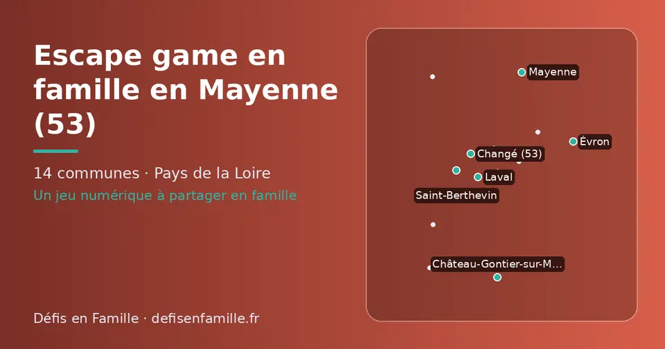 Carte schématique des 14 communes de la Mayenne présentées sur ce site