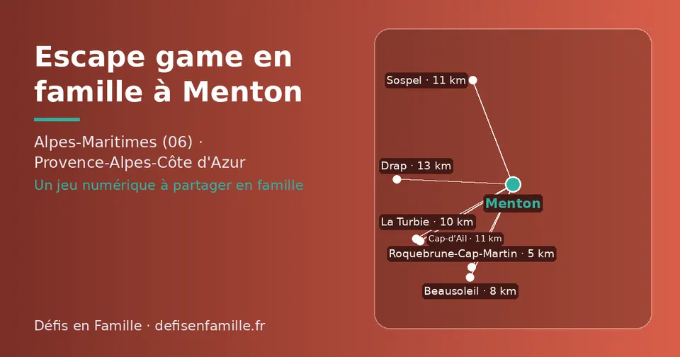 Carte schématique : Menton et les communes voisines présentées sur ce site (Roquebrune-Cap-Martin, Beausoleil, La Turbie, Sospel, Cap-d’Ail, Drap)