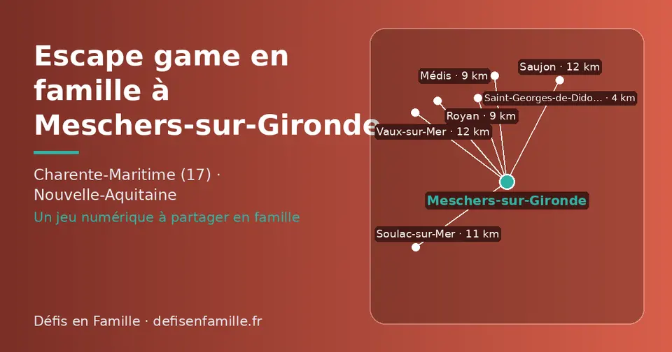 Carte schématique : Meschers-sur-Gironde et les communes voisines présentées sur ce site (Saint-Georges-de-Didonne, Médis, Royan, Soulac-sur-Mer, Vaux-sur-Mer, Saujon)