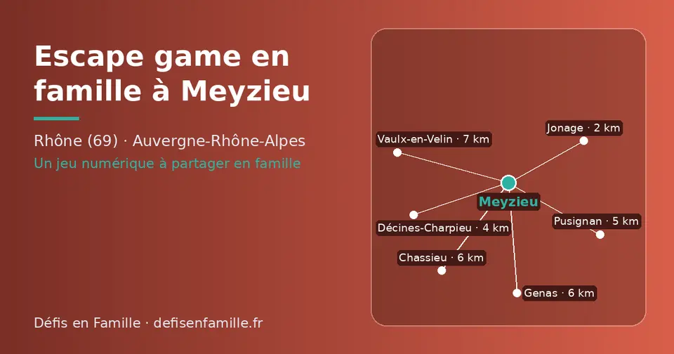 Carte schématique : Meyzieu et les communes voisines présentées sur ce site (Jonage, Décines-Charpieu, Pusignan, Genas, Chassieu, Vaulx-en-Velin)