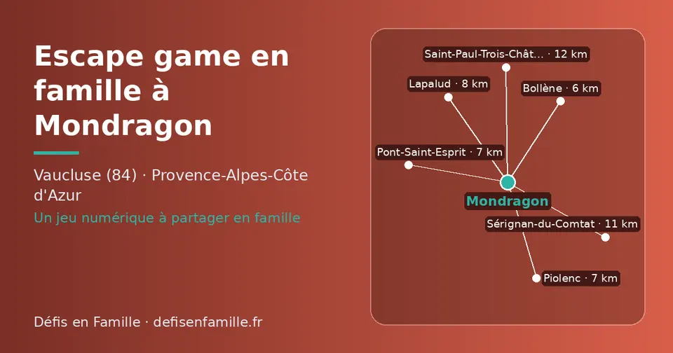 Carte schématique : Mondragon et les communes voisines présentées sur ce site (Bollène, Piolenc, Pont-Saint-Esprit, Lapalud, Sérignan-du-Comtat, Saint-Paul-Trois-Châteaux)