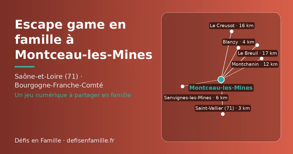 Carte schématique : Montceau-les-Mines et les communes voisines présentées sur ce site (Saint-Vallier (71), Blanzy, Sanvignes-les-Mines, Montchanin, Le Creusot, Le Breuil)