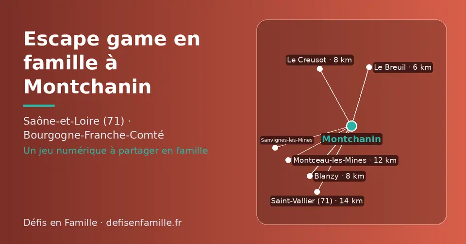 Carte schématique : Montchanin et les communes voisines présentées sur ce site (Le Breuil, Le Creusot, Blanzy, Montceau-les-Mines, Saint-Vallier (71), Sanvignes-les-Mines)