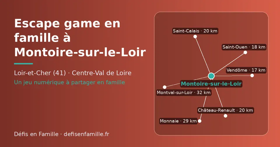 Carte schématique : Montoire-sur-le-Loir et les communes voisines présentées sur ce site (Vendôme, Saint-Ouen, Château-Renault, Saint-Calais, Monnaie, Montval-sur-Loir)