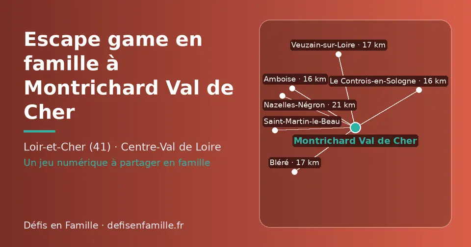 Carte schématique : Montrichard Val de Cher et les communes voisines présentées sur ce site (Amboise, Le Controis-en-Sologne, Veuzain-sur-Loire, Bléré, Nazelles-Négron, Saint-Martin-le-Beau)