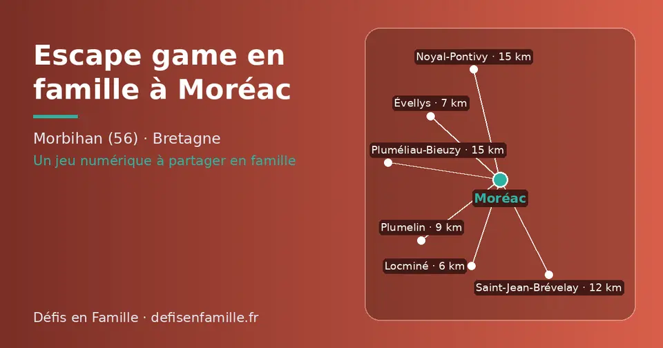 Carte schématique : Moréac et les communes voisines présentées sur ce site (Locminé, Évellys, Plumelin, Saint-Jean-Brévelay, Pluméliau-Bieuzy, Noyal-Pontivy)