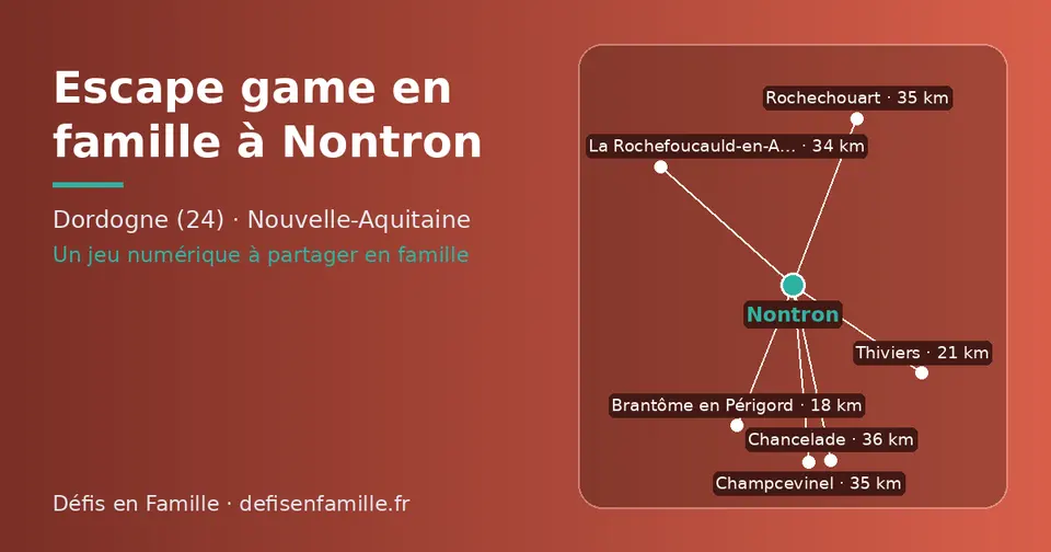 Carte schématique : Nontron et les communes voisines présentées sur ce site (Brantôme en Périgord, Thiviers, La Rochefoucauld-en-Angoumois, Champcevinel, Rochechouart, Chancelade)