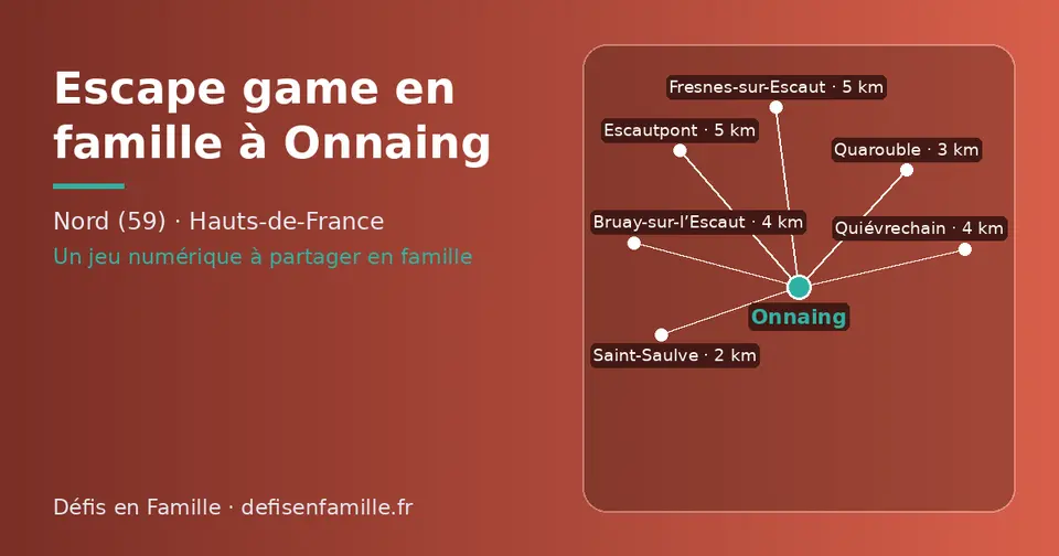 Carte schématique : Onnaing et les communes voisines présentées sur ce site (Saint-Saulve, Quarouble, Bruay-sur-l’Escaut, Quiévrechain, Fresnes-sur-Escaut, Escautpont)