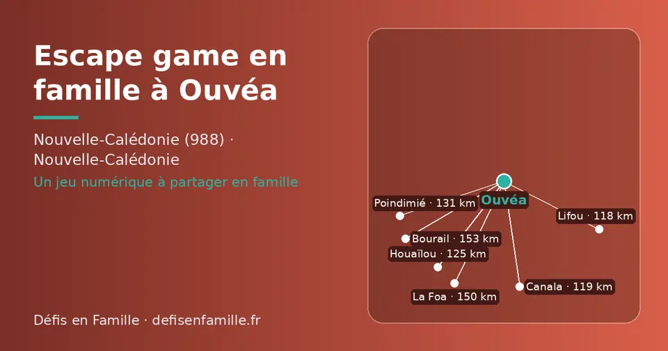 Carte schématique : Ouvéa et les communes voisines présentées sur ce site (Lifou, Canala, Houaïlou, Poindimié, La Foa, Bourail)