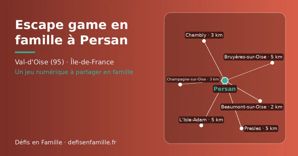 Carte schématique : Persan et les communes voisines présentées sur ce site (Beaumont-sur-Oise, Champagne-sur-Oise, Chambly, Presles, L’Isle-Adam, Bruyères-sur-Oise)