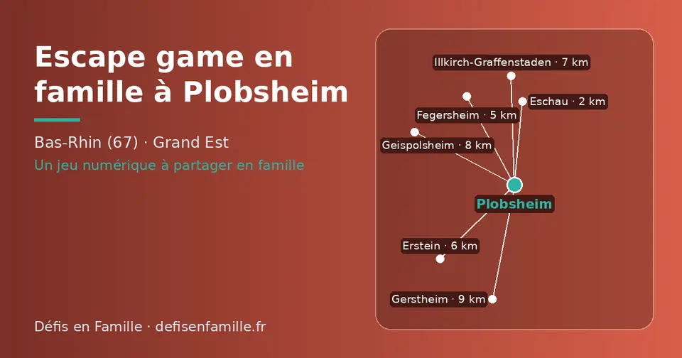Carte schématique : Plobsheim et les communes voisines présentées sur ce site (Eschau, Fegersheim, Erstein, Illkirch-Graffenstaden, Geispolsheim, Gerstheim)