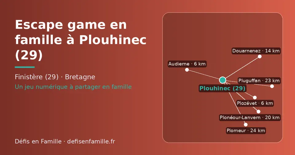 Carte schématique : Plouhinec (29) et les communes voisines présentées sur ce site (Plozévet, Audierne, Douarnenez, Plonéour-Lanvern, Pluguffan, Plomeur)