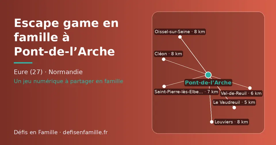Carte schématique : Pont-de-l’Arche et les communes voisines présentées sur ce site (Le Vaudreuil, Val-de-Reuil, Saint-Pierre-lès-Elbeuf, Louviers, Oissel-sur-Seine, Cléon)