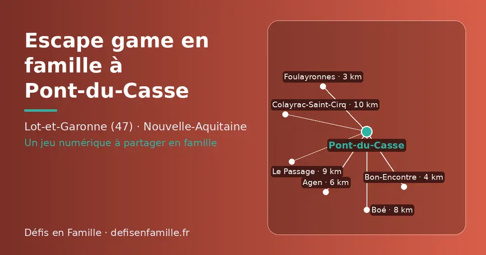Carte schématique : Pont-du-Casse et les communes voisines présentées sur ce site (Foulayronnes, Bon-Encontre, Agen, Boé, Le Passage, Colayrac-Saint-Cirq)