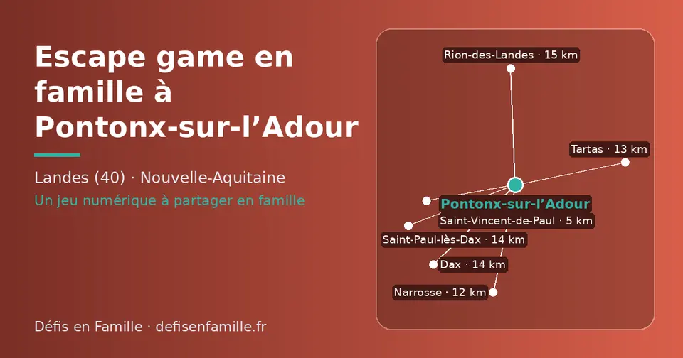 Carte schématique : Pontonx-sur-l’Adour et les communes voisines présentées sur ce site (Saint-Vincent-de-Paul, Narrosse, Tartas, Saint-Paul-lès-Dax, Dax, Rion-des-Landes)