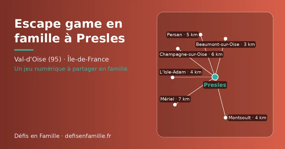 Carte schématique : Presles et les communes voisines présentées sur ce site (Beaumont-sur-Oise, L’Isle-Adam, Montsoult, Persan, Champagne-sur-Oise, Mériel)